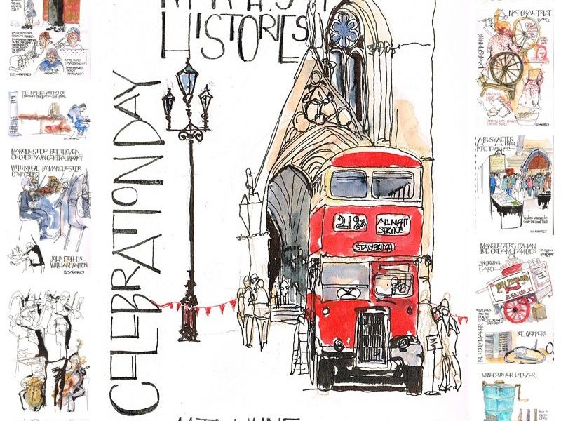 Liz Ackerly illustrative drawing of a London red bus outside Manchester Town Hall