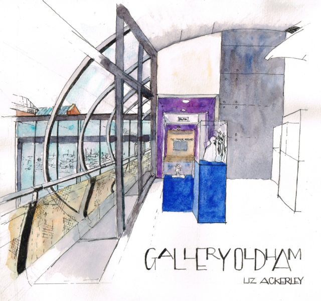 Liz Ackerley illustrative drawing of Gallery Oldham exhibition