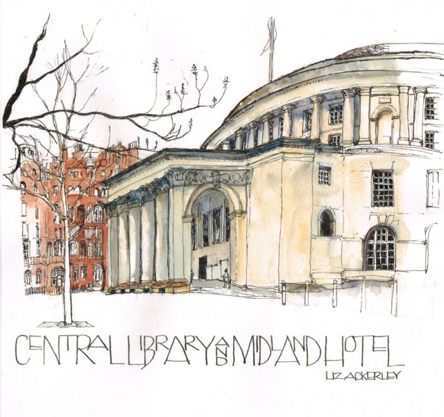 Liz Ackerly illustrative drawing of Manchester Central Library