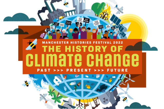 Manchester Histories Festival logo - image of the earth with history of factories and new Manchester
