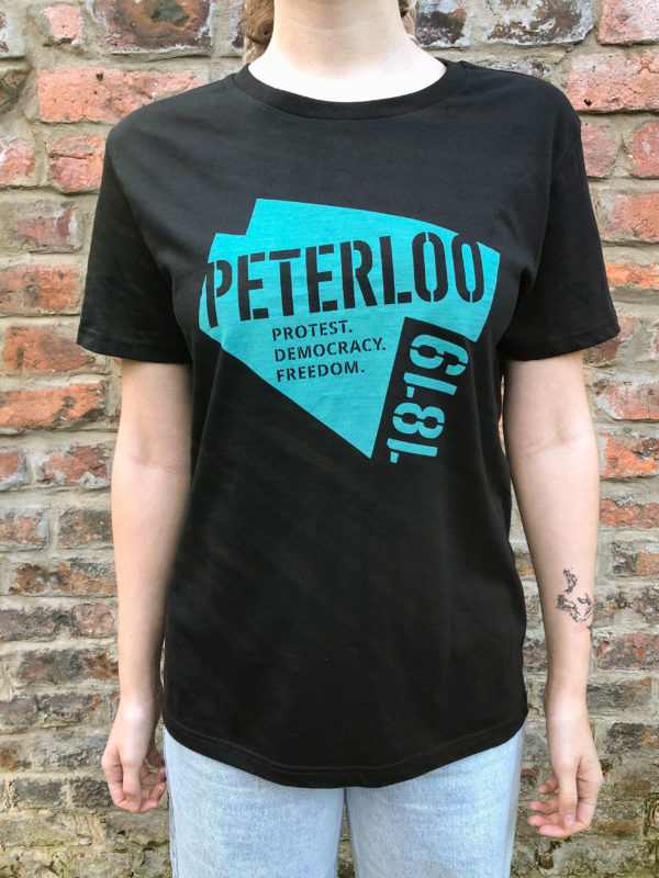 Unisex black cotton peterloo t-shirt with green logo