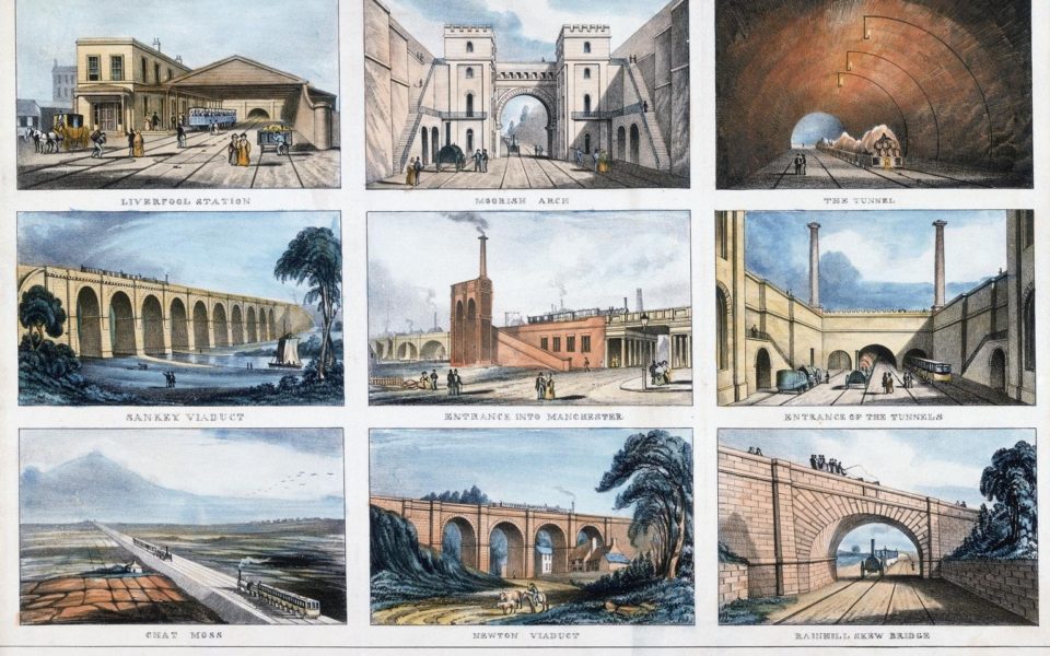 Postcards of different images of trains viaducts and tramlines