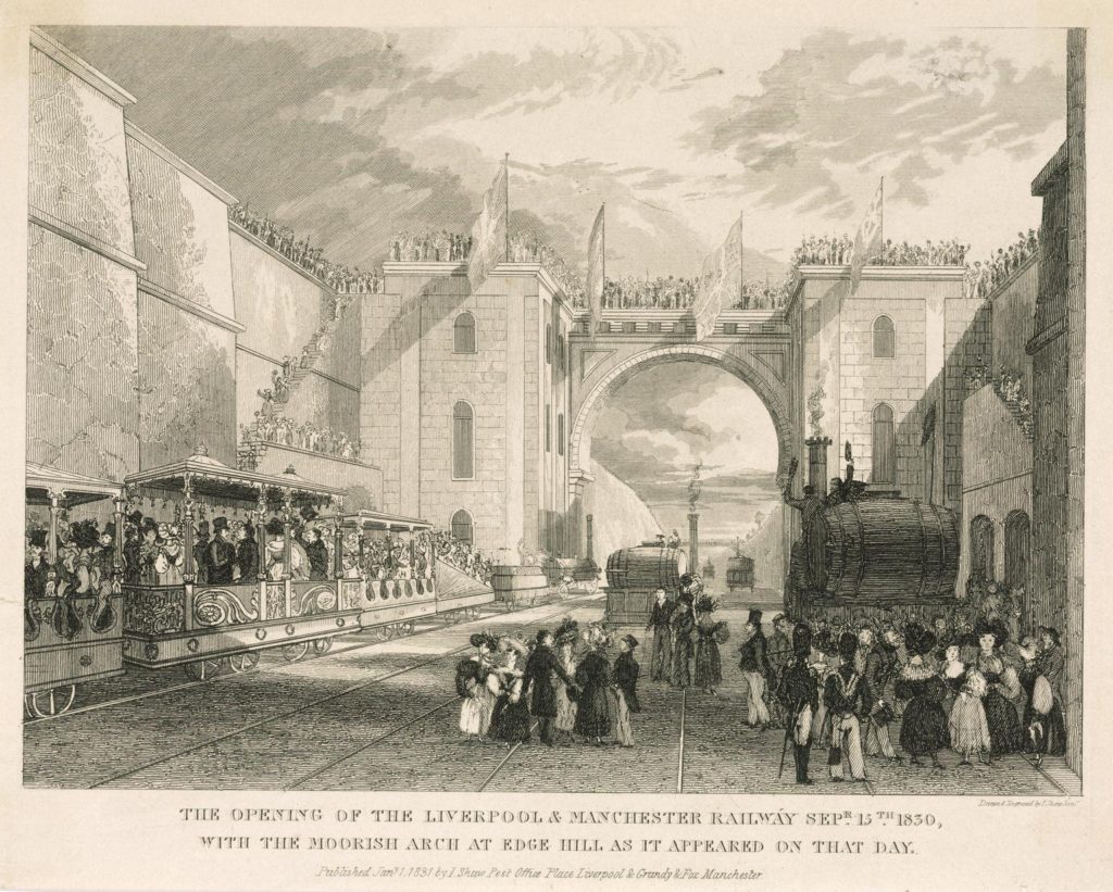 A print of an engraving, captioned 'The opening of the Liverpool and Manchester Railway. Sept 15, 1830, with the Moorish Arch Age Hill as it appeared on that day'