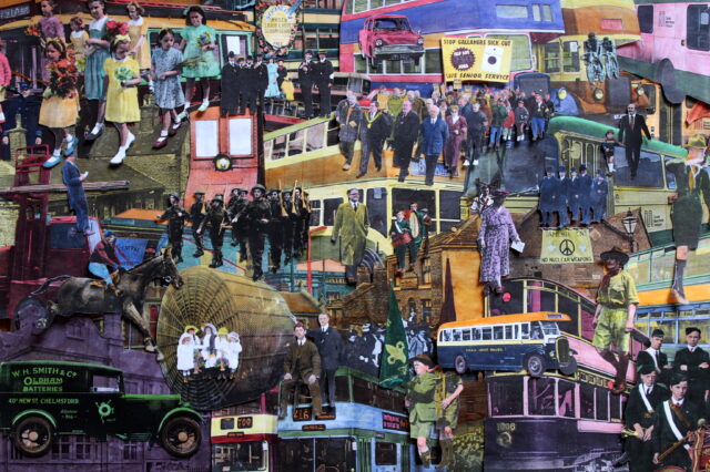Montage of history places, people such as world war and old buses
