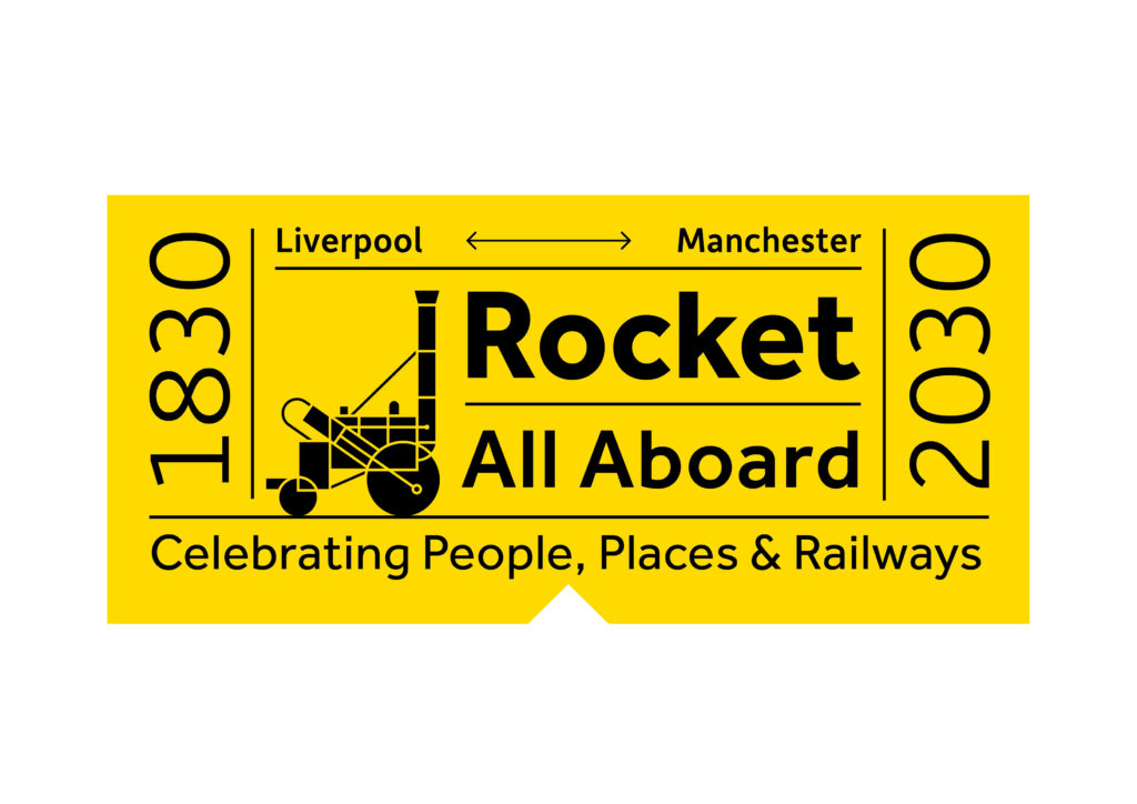 A logo of Rocket:All Aboard. A yellow train ticket with a image of the Rocker engine sating Celebtatiing People, Places & Railways