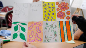 A sheet of paper showing five colourful patterns of shapes such as leaves, dots and stripes.