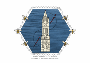 Logo image with a building like a Town Hall with a blur thread background with red needle and thread with bees buzzing about.