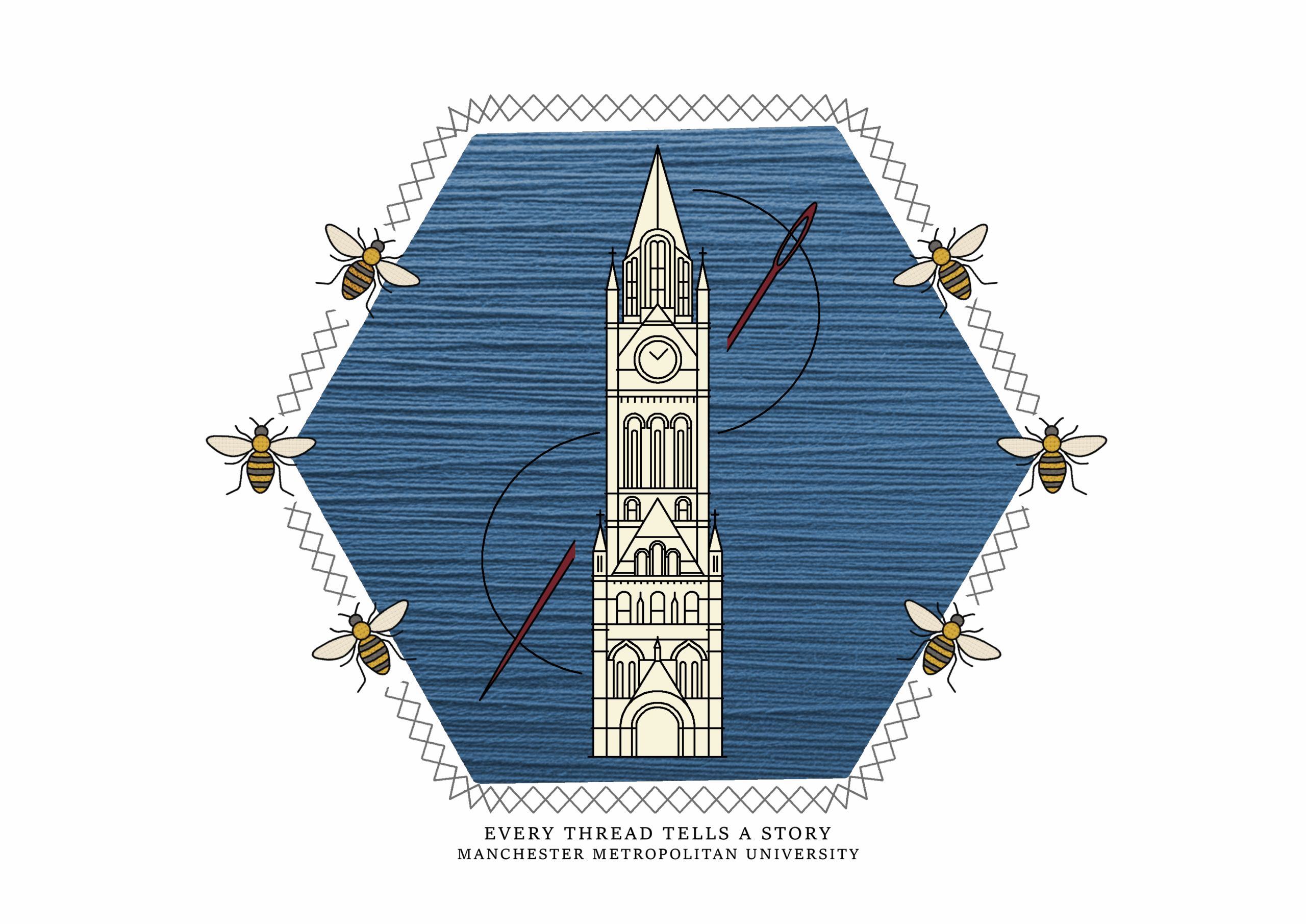 Logo image with a building like a Town Hall with a blur thread background with red needle and thread with bees buzzing about.