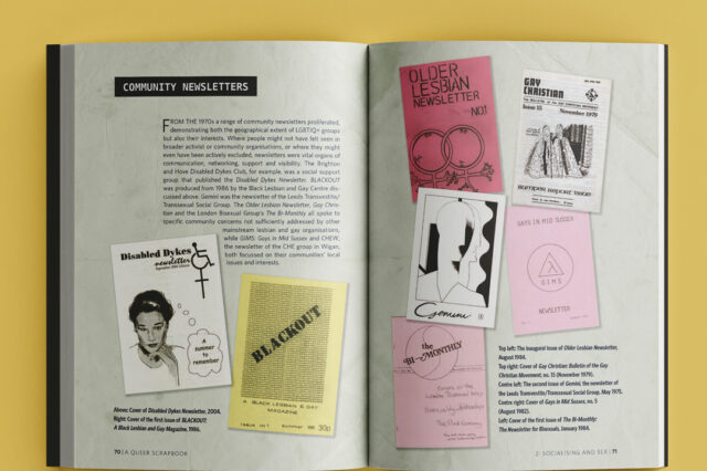 Open book spread titled “Community Newsletters,” showing several queer community newsletter covers arranged on the pages against a yellow background.