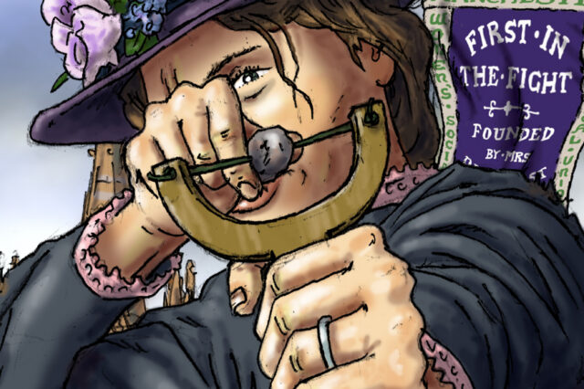 A cartoon like image of a woman wearing a purple hat with a sling shot