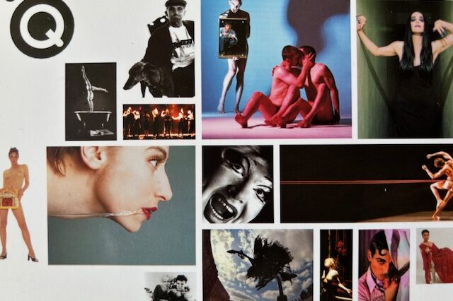 Collage of photographs from Queer Up North performances and events, featuring performers, audiences and promotional imagery.
